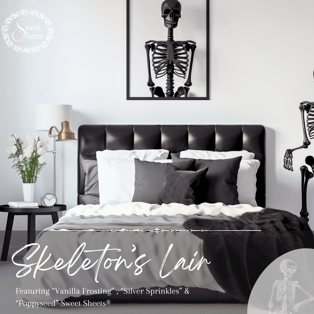 Skeleton Halloween Bedroom Decor with grey and white bed sheets